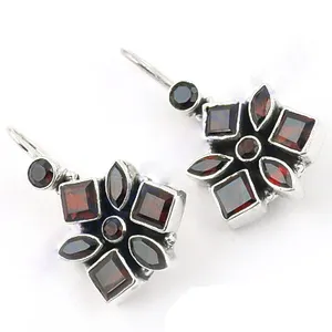 Boucles d'oreilles pendantes en argent 925, motif fleur de grenat et diamant, style religieux tendance pour mariages, fêtes, bijoux pour femmes, cadeau - Product Image 2
