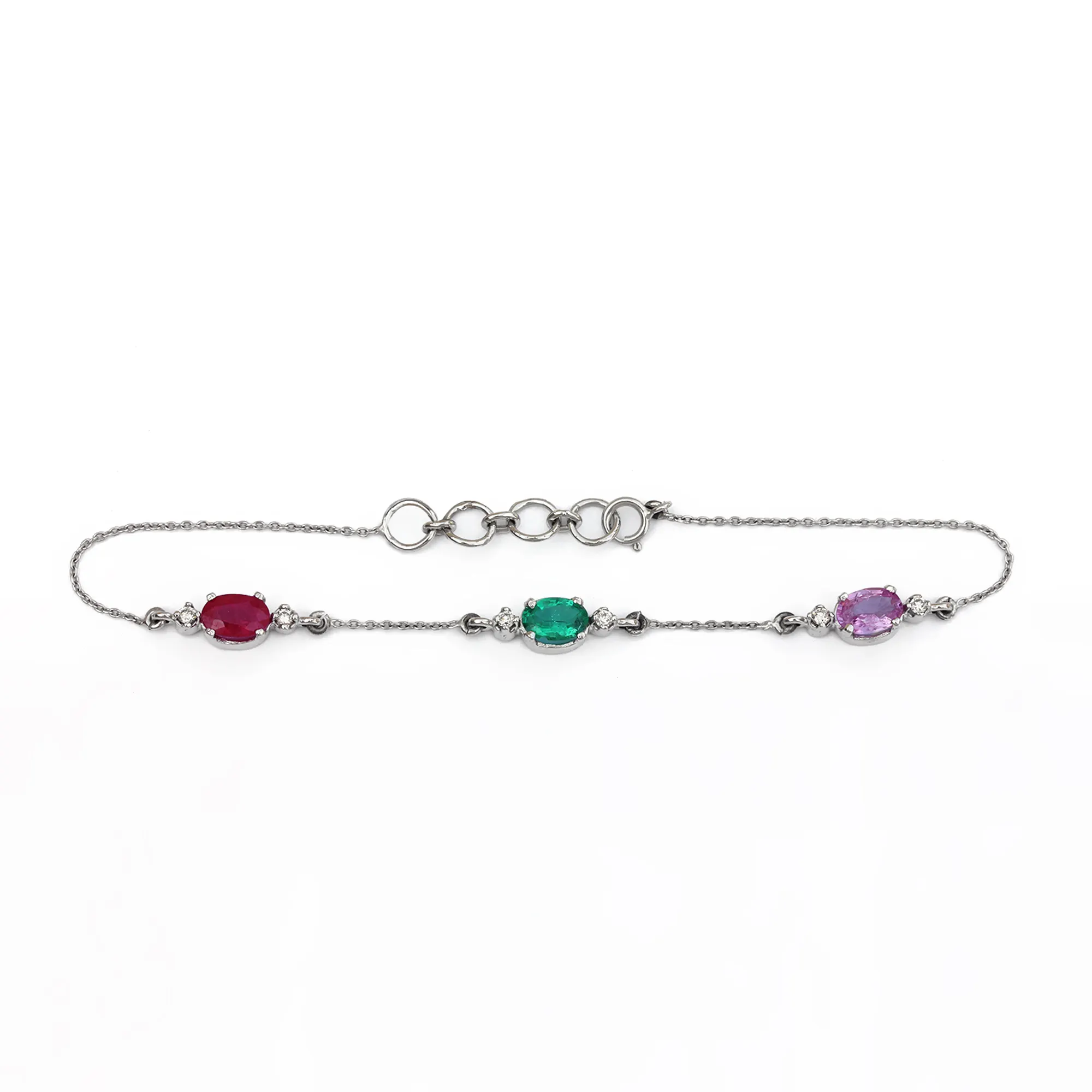 14k White Gold Solid Chain Pink Sapphire Ruby Emerald Beautiful Friendship Design Gift Fine Bracelet For Women's Fine Jewelry