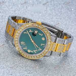 Elegante mejor calidad dos tonos Moissanite diamante reloj de cuarzo lujo oro acento completo diamante ajuste verde números arábigos Dial - Product Image 2