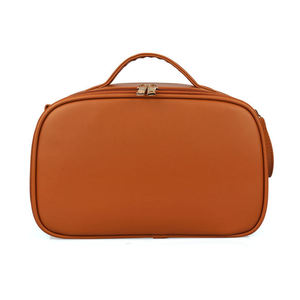 Pochette de maquillage personnalisée élégante en cuir véritable marron pour femmes avec fermeture éclair écologique pour les voyages et la beauté - Product Image 6