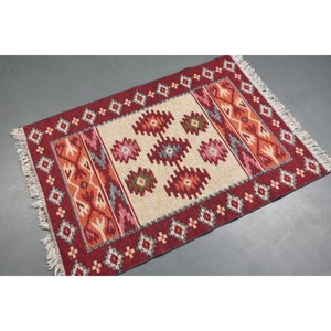 พรมตุรกีโบราณ ขนาด 2.9x4 ฟุต สีแดงเบจ ลายอิคัต - Product Image 1