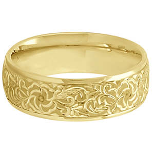 Anillo de Boda Vintage de Oro Amarillo de 18K con Diseño Floral Grabado a Mano, Banda Ancha de 7mm con Incrustaciones de Circonita y Baño de Rodio - Product Image 1
