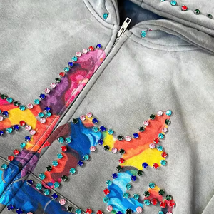 Streetwear Heavyweight French Terry Sweat à capuche zippé Sun Faded Wash Gem Stone Rhinestone Distressed Style pour hommes - Product Image 2