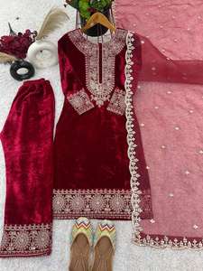 Ropa de boda india de Bollywood para mujer, parte superior e inferior de trabajo bordada con Secuencia de terciopelo viscosa con Dupatta de seda de Organza - Product Image 6