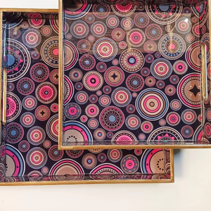 Premium Handmade Wood Tray Set with Enamel Coating Art Deco Plant Motif Ideal for Stylish Home, Cafe, and Hotel Table Display - Product Image 1