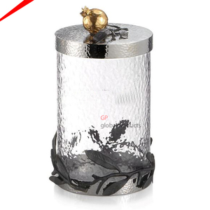 กระป๋องแก้วกลมตกแต่งด้วยฝาโลหะสีทองและฝาหินอ่อนถังโลหะฐานสำหรับคุกกี้ - Product Image 5