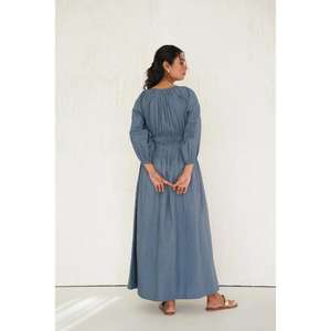 Vestido Largo de Algodón Azul Sólido para Mujer, Estilo Gótico, Estampado Floral Paisley, Cuello en V, Manga Corta, Cintura Elástica, Estilo Casual Bohemio para Verano - Product Image 4