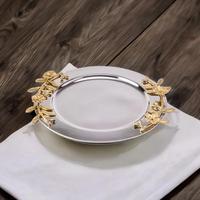Vente en gros plateau exclusif en acier inoxydable poignée feuille d'or assiette de service en chocolat argenté nickelé plaque de chargement en aluminium