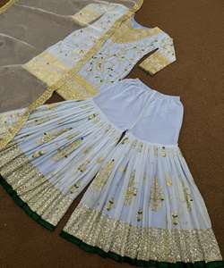 Conjunto de Top, Pantalón y Dupatta de Lino y Seda Tradicional Rusa para Mujer, con Elegante Estampado a Cuadros y Patrones Geométricos Modernos Hechos a Mano - Product Image 2