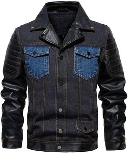 Manteau Slim pour Homme, Veste en Denim Faux Cuir Patchwork avec Col Montant, Fermeture Boutonnée sur le Devant, Languette de Taille Réglable, Poches Multiples - Product Image 1