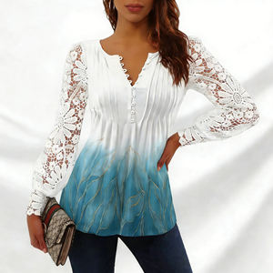 Chemisier élégant 2026 à col en V boutonné, imprimé ombré et patchwork de dentelle, idéal pour le quotidien, les tenues décontractées et le bureau - Product Image 5