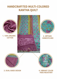 Auténtica Colcha Kantha Multicolor Cosida a Mano, Cubrecama de Algodón Vintage con Diseño de Patchwork, Manta Reversible de Lujo Estilo Bohemio - Product Image 6
