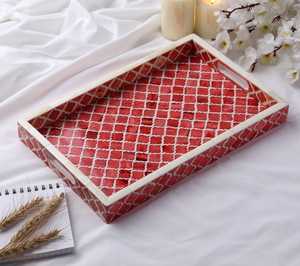 Bandeja decorativa Rectangular con incrustaciones de hueso refinado hecha a mano con artesanía intrincada Ideal para uso de regalos de lujo - Product Image 1