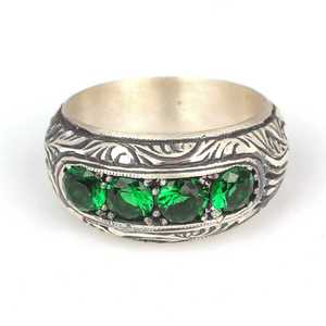 925 Sterling <b>Silver</b> Four-Row Men's Cluster <b>Ring</b> <b>Emerald</b> Green Natural Stone Geometric Pattern Everyday Wear - Product Image 5