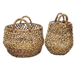 Natural Hand Woven Banana Bark <b>Basket</b> Set Open Web Net <b>Mesh</b> Belly Pot Planter Pure Art Arch Handle Decor Setup Room Design Craft - Product Image 1