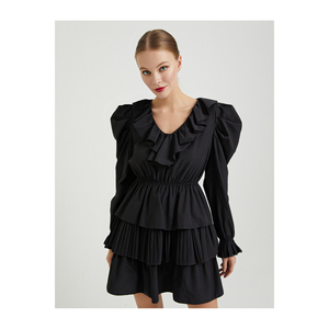 Women's Very Colorful V-Neck Balloon Sleeve Pleated Poplin Dress Unlined TR Origin - Product Image 4