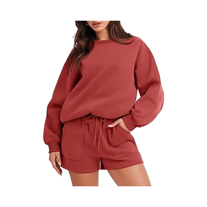 Wholesale Rib Cuffed Sweatshirt Hoodies Shorts Set Custom Tracksuits Women Fashion Round Neck Long Sleeve Solid Color Casual Top - Product Image 1