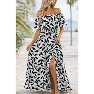 Women's Madonna Neckline, <b>Elasticated</b> Bust, Slit, Long Patterned Supreme <b>Dress</b>, 36141 - Black - Product Image 3