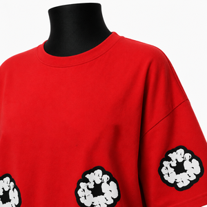 Camiseta Roja Extra Grande para Mujer, de Algodón, Corte Holgado, Cuello Redondo, Manga Corta, Bordado Floral, para Todas las Temporadas, Estilo Casual - Product Image 6