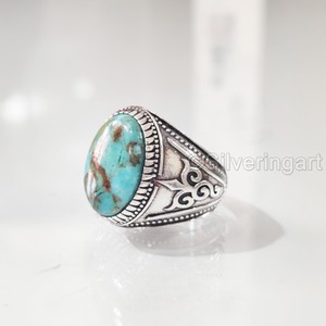 Anillo de Plata de Ley 925 con Turquesa Tibetana Natural para Hombre, Piedra de Nacimiento de Diciembre, Regalo de Navidad, Venta al por Mayor - Product Image 1