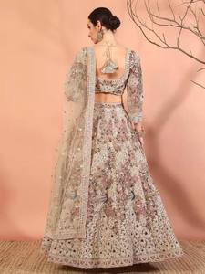 Women Pastel Heavy Embroidered Faux <b>Fur</b> Bridal Lehenga Choli Dupatta Party Wedding Wear Luxury Floor-Length Sun Quick Dry - Product Image 4