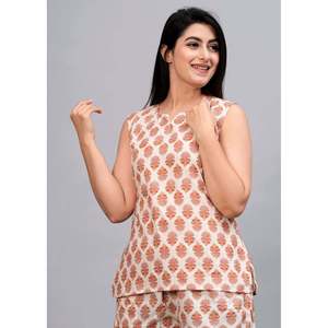 Women's Winter Off-White <b>Peach</b> Printed Sleepwear Breathable Soft Elastic Waist Night Suit Sleeveless Design Spandex Woven ODM - Product Image 6