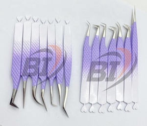 Pinzas de extensión de pestañas blancas/moradas de dos tonos con logotipo personalizado profesional Acero inoxidable sostenible con punta puntiaguda - Product Image 6