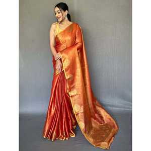 Sari de Seda Tejida Naranja Fascinante con Blusa para Bodas - Product Image 4