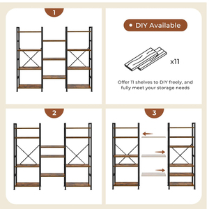 Rak buku 4-Tier coklat pedesaan, dengan 11 rak Tampilan terbuka, casing buku lebar tiga kali lipat untuk rumah kantor dan ruang tamu - Product Image 6