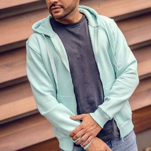 Sudadera con capucha de forro polar azul claro para hombre, personalizada, 350GSM, 100% algodón, ecológica, cortavientos, cálida, de corte regular, con cremallera completa. - Product Image 3