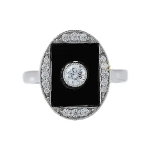 Oval Shape Ring, Round Cut Moissanite Diamond Bezel Set Milgrain Ring, Vintage Black Onyx Cocktail Ring, Antique Diamond Ring