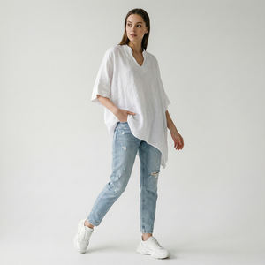 Túnica Casual Transpirable de Manga 3/4 con Cuello en V, 100% Lino - Product Image 1