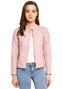 Veste en cuir matelassée pour femme, coupe moderne, col montant en peau de mouton, respirante, élégante, design tissé, spandex, chic, unie - Product Image 2