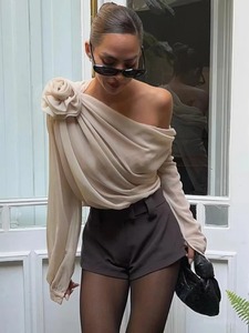 New Sexy Skew Collar Floral <b>Applique</b> Mesh Chiffon Tops For Women Elegant Fashion Club Cropped Tops See Through Pullover - Product Image 4