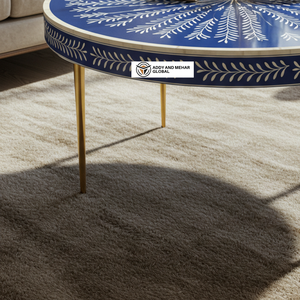 Mesa de Centro Redonda Moderna Hecha a Mano con Incrustaciones de Hueso Azul, Diseño Floral y Base de Metal Dorado - Product Image 5