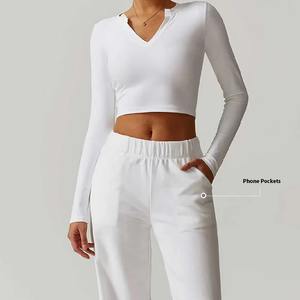 Vêtements de sport personnalisés pour femmes T-shirts à manches longues et pantalons de survêtement à jambe droite Ensemble de vêtements de sport Fitness Yoga Training Jogging Wear - Product Image 6