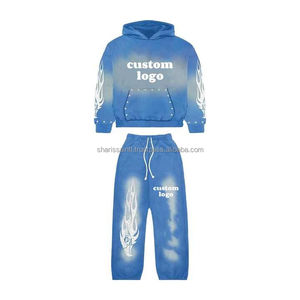 Combinaison évasée unisexe avec logo imprimé personnalisé Vêtements de rue Lavage à l'acide Rines Stone Pocket Sleeves Metal Studs Best Sun Fade Sweatsuit - Product Image 2