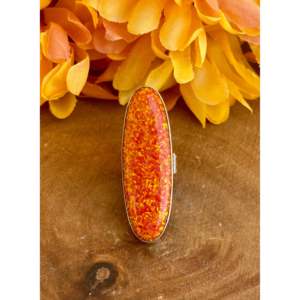 Patrick Yazzie Orange <b>Opal</b> Sterling Silver <b>Ring</b> Size 6 Bezel Set Cushion Cut Micron <b>Gold</b> Plated Animal Pattern Everyday Wear - Product Image 1