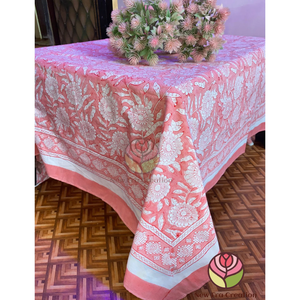 Buy Handmade Table <b>Cover</b> and Linen Set Baby Pink and White Floral Indian Hand Block Printed Tablecloth with Border Design - Product Image 3