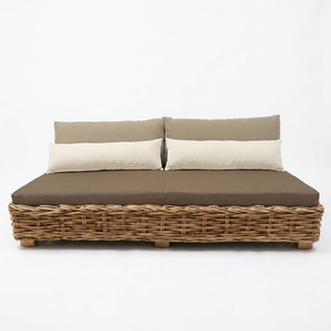 Natural Chunky <b>Rattan</b> <b>Outdoor</b> Double Daybed Brown Mattress Cream Lumbar Bolster Pillows Setup Decor Pure Art Room Design - Product Image 1