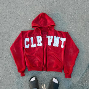 Logo personnalisé 500gsm Hommes Oversize Boxy Zip Hoodie Sun Faded Distressed Patches Broderie Applique Hiver Sun Faded Distressed - Product Image 2