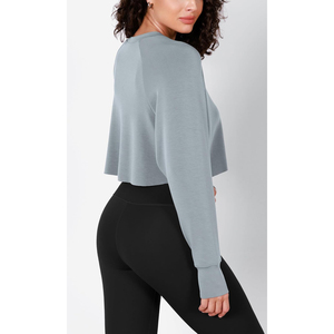 OEM femmes léger surdimensionné Crop Sweatshirts Offre Spéciale à capuche à manches longues Capuche couleur unie Street Wear tricoté Crop Top - Product Image 4