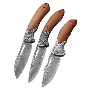 Handmade Damascus Steel Folding Knife with Push <b>Button</b> <b>Wood</b> Handle for BBQ Camping Meat Beef Mutton Sharpening Fruit Skin - Product Image 1