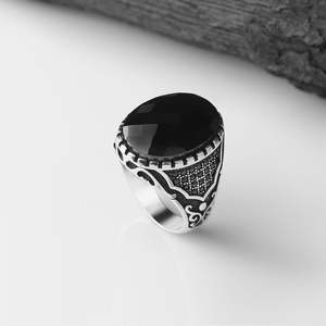 Azuris VALKH1449 Turkey 925 Sterling Silver <b>Men's</b> <b>Ring</b> in Ottoman Style Natural <b>Black</b> Stone Fashionable Stylish - Product Image 1