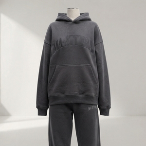 Ensemble de survêtement en molleton gris anthracite pour femme, sweat-shirt à capuche et pantalon de jogging à jambes larges, motif ton sur ton, vêtements de sport décontractés - Product Image 4