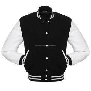 Unisex College Outerwear Custom Bomber Jacket Canvas Wool <b>Body</b> Leather Sleeves Stand Black <b>White</b> Embroidery Covered Button - Product Image 1