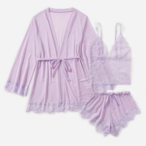 Conjunto de pijama de malla sexy de 3 uds., manga larga, cuello en V, cinturón delantero, bata, lencería transparente, camisola, pantalones cortos, ropa de dormir transpirable para mujer - Product Image 5