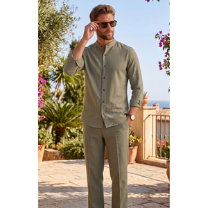 Ensemble chemise en lin vert kaki à col mandarin et pantalon à taille élastique pour homme - Product Image 3