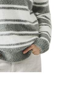Customized Grey <b>White</b> Striped <b>Women</b> V Neck Knit Sweater Soft Fuzzy Fabric Long Sleeve Winter Casual Pullover Fashion Top - Product Image 4