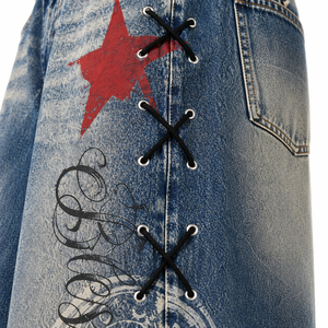 Pantalones cortos de mezclilla con cordones para hombre, estilo holgado, con estampado de estrellas, hasta la rodilla, estilo urbano, OEM al por mayor - Product Image 6